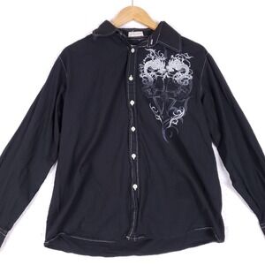 Eighty Eight Dragon Graphic Button Up Shirt Mens Medium Black Y2K Cyber Grunge